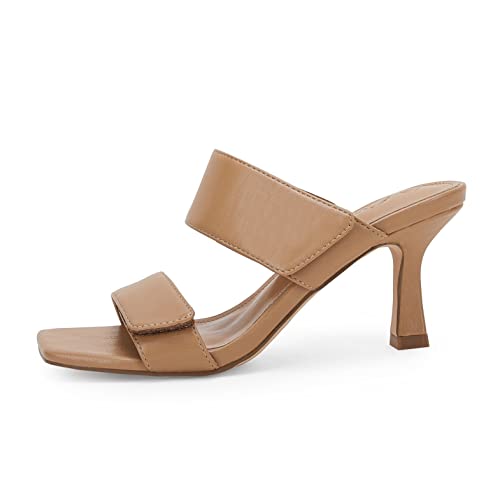 Ermonn Womens Two Strap Heeled Sandals Slip On Square Open Toe Stiletto Faux Leather Backless Mule Heels Slippers4