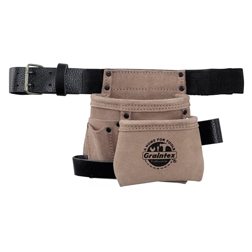 Graintex 4 Pocket Children's Tool Pouch Ideal for Home Improvement Projects | Kids Tool Belt for Young DIY Enthusiasts | Beige Color Suede Leather Pouch, Hammer Loop, Adjustable Leather Belt - SS2236