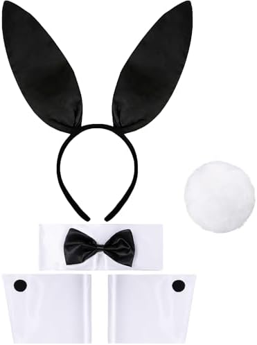 Goenb Konijnenkostuum voor dames, konijnenkostuum, konijnenkostuum, accessoires, konijnenoor, hoofdband, kraag, vlinderdas, kostuum, manchetten, konijnenstaart voor Halloween, verjaardag, cosplay