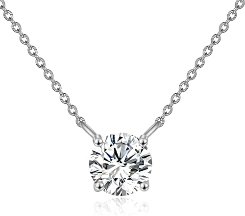 FENCCI 14K White Gold 5MM Moissanite Necklace Classic 4-Prong Set Round Cut Moissanite Solitaire Simulated Diamond Pendant Necklace for Women Girls, 16+2 Inch
