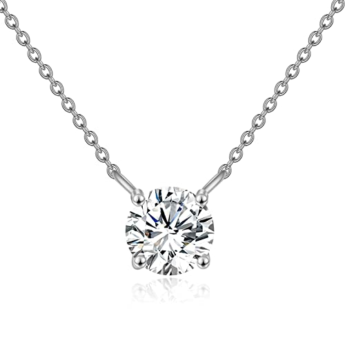 Fencci 14K White Gold 5Mm Moissanite Necklace Classic 4-Prong Set Round Cut Moissanite Solitaire Simulated Diamond Pendant Necklace For Women Girls, 16+2 Inch #TOP2