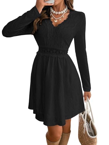 YUTILA Damen Boho Kleid Mit Spitzen, V Ausschnitt, Langarm, Minikleid, A-Linie,Freizeitkleider für Urlaub Strand (Brustbereich und Rock Lined, Non...