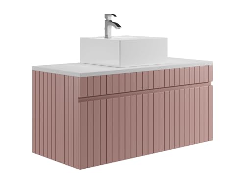 Vente-unique-Mobile per bagno sospeso scanalato con lavabo da appoggio 100 cm Rosa - SATARA