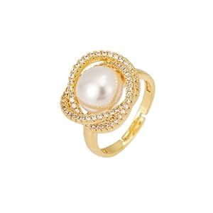 Sylph 18K Gold Plated Pearl Adjustable Ring with Zirconia – Elegant Jewelry for Women – Adjustable Luxury Wedding Statement Ring Open Ring Flexible Fit Birthday Jewelry