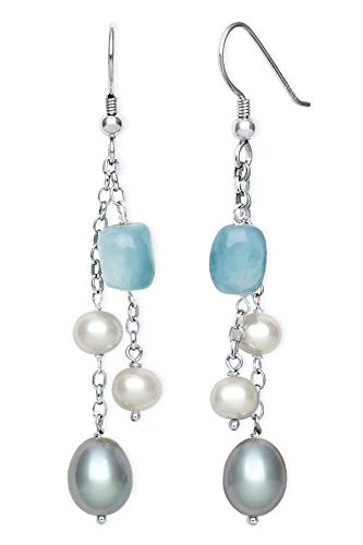 Belacqua Natural Aquamarine or Rose Quartz Cultured Freshwater Pearl Layered Station Necklace in Sterling Silver, Multi-Strand 18" Rolo Chain, Real Pearl Jewelry for Women, Gift Box Included3