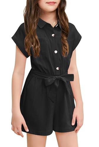 Haloumoning Niedlicher Jumpsuit für Mädchen Sommer Kinderoverall Button Down mit Gürtel Kinder kurzer Romper mit Taschen Schwarz, 6-8 Jahre
