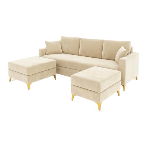 Image of SOCOZI Bravelle 3 Seater Modular Sofa Set with 2 Ottoman | Soft Velvet Suede Fabric | Modern Design | Plush Comfort Cushions for Living Room (Cream)