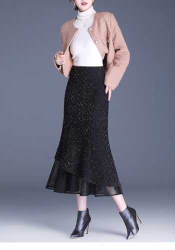 Women's Mesh Splicing Lace High Waist Bodycon Fishtail Half Skirt Sparkle Long Midi Hip-Covering Midi3