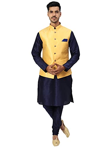 Image of Uri and MacKenzie Men's Silk Blend Regular Kurta Churidar Pyjama with Bundi Nehru Jacket /Waistcoat