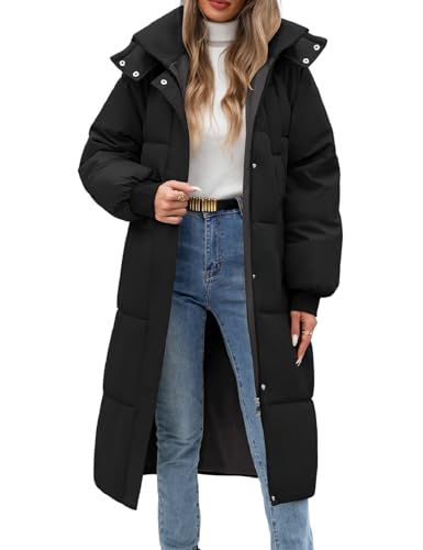VXVGER Women Long Puffer Coat Winter Warm Hooded Jacket Long Sleeve Parka Full Length Down Coats With Zip,Black,M