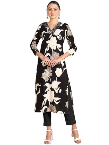 Image of Maaesa Women Casual Floral Printed Rayon Straight Kurta | V-Neck | 3 /4 Sleeves | Lightweight & Breathable Fabric
