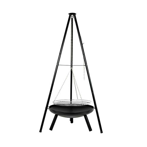 Large Steel La Hacienda Hanging Tripod BBQ & Fire Pit Set, BBQ Grill, Tripod and Fire Bowl (Tall