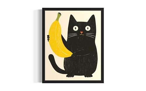 aj decor Cat with a Banana Wall Art Print Poster, Kitten Drawing Unique Gifts Lover Printing Picture Bedroom Living Room Dining Room 153B (Cat with a Banana, 14" L x 11" W, Black Frame)