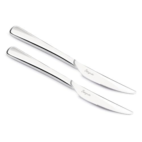 Image of BERGNER BE Essentials Lucia Stainless Steel Dinner Knife Set of 2, 20cm Long Butter Spreader, Modern Ergonomically Designed Premium Dinner Knife, Dinning Table 2 Pcs Knives, 4.5mm Thickness - Silver