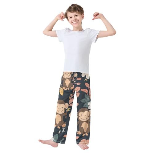 Monkey with Florals Boys Long Pants Soft Trousers Elastic Waist Kids Lounge Bottoms with Pockets S-XL3
