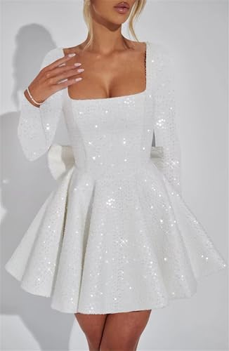 Long Sleeve Short Prom Dresses Sparkly Sequin Wedding Party Dress Homecoming Cocktail Mini Gowns with Bow4