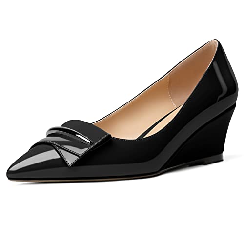 Eldof Low Wedge Heels for Women Pointed Toe Slip On Wedge Pumps with Bow 2 Inches Dress Shoes for Party Wedding Evening