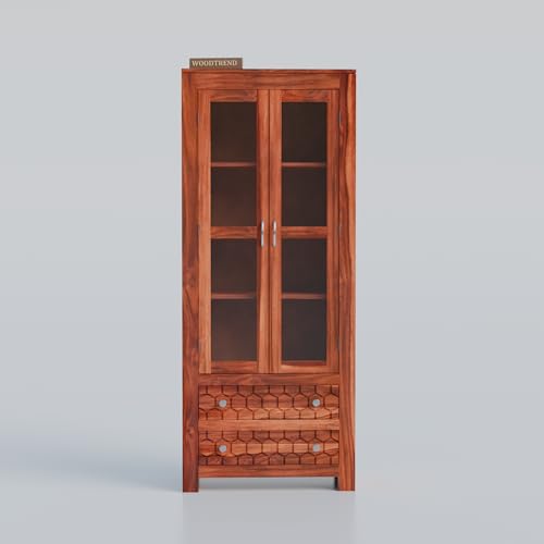 Image of Sheesham Wood Bookshelf with Glass Door for Home Library Solid Wood Bookcase Wooden Crockery Cabinet for Kitchen Book Shelf (Natural Finish)