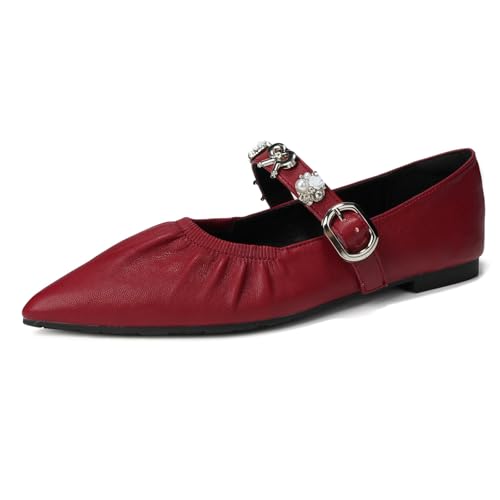 Women's Wrinkled Leather Pointed Toe Retro Mary Jane Shoes Fashion Rhinestones Comfort Soft Sole Ballet Flats with Adjustable Buckle for Office Work Wedding Walking Casual Elegant Dress Shoes