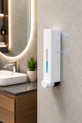 Image of BATH GURU ABS 420ml Wall Mounted Liquid Soap Dispenser for Bathroom, White | Premium Plastic Handwash Dispenser with Leakproof Pump for Liquid Soap, Shampoo & Sanitizer, Refillable for Bathroom, Kitchen