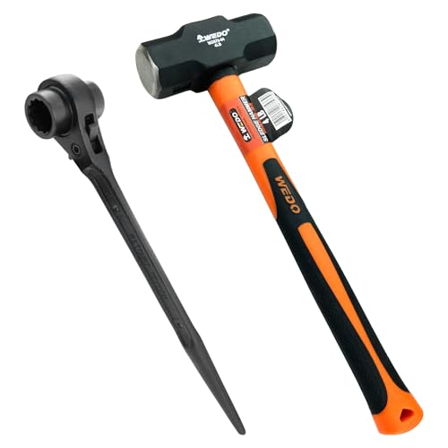 WEDO Llave de trinquete y martillo de 4 libras, llave de espiga de 17 x 19 mm, martillo de acero de alto carbono con mango de fibra de vidrio, llave de trinquete y juego de martillo, WD678-223-SET