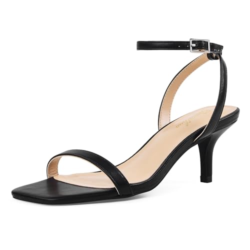 GENSHUO Women's Kitten Low Heels Square Open Toe Ankle Strap Sandals Sexy Strappy 2 Inch High Heels for Women Comfort Dress Party Wedding Shoes Solid Black Size 7