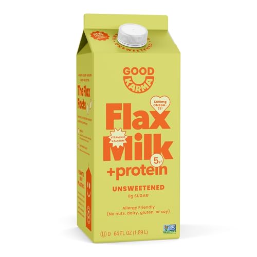 Good Karma Unsweetened Flaxmilk +Protein, 64 Ounce, 5g Plant Protein + 1200mg Omega-3 Per Serving, Plant-Based...