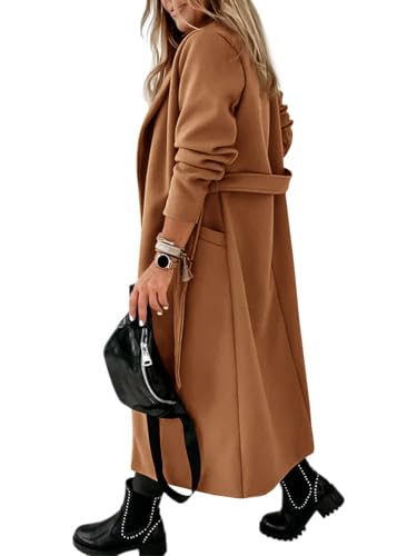 Image of Womens Classic Coat Lapel Collar Open Front Belted Long Jacket