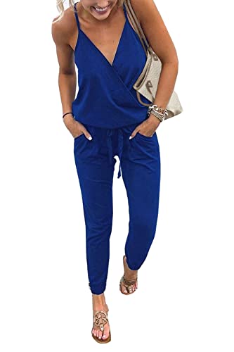 Walant Mode Femmes Combinaison Dos Nu sans Manches Col V Imprimé Floral Camisole Barboteuse Jumpsuit D'été Chic Élégant Slim Pantalon Loose Casual, Bleu,...