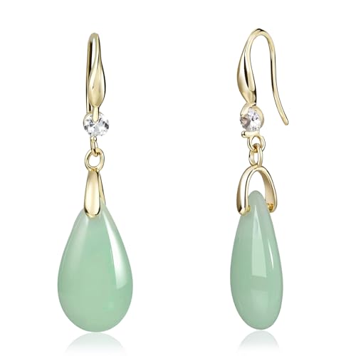 Teardrop Jade Earrings for Women 14K Gold Plated Handmade Green Teardrop Dangle Hook Earrings Vintage Drop Jade Jewelry for Gift
