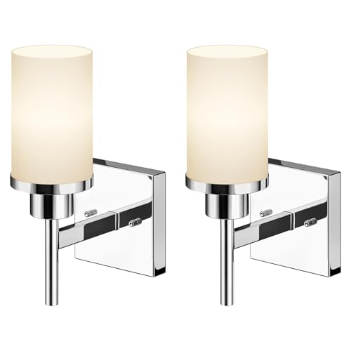 Image of Vanity Lights Polished Chrome Bathroom Light Fixtures with White Frosted Glass Shade, Wall Sconces for Mirror Hallway Entrance, 2 Pack T001CH-L1-P2