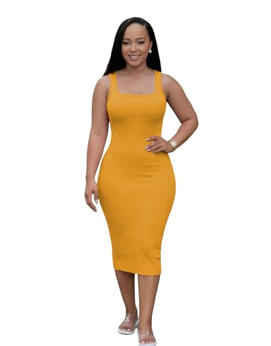 Image of TOPSRANI Women Sexy Midi Dress Bodycon Casual Sleeveless Basic Ruched Tank Summer Club Party Dresses