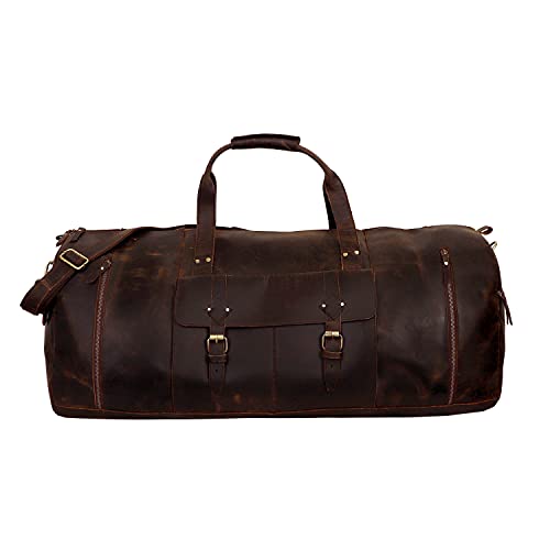 Large Leather Duffel Bag Large Travel Bag Gym Sports Overnight Weekender Bag Carryall Weekender Travel Overnight Gym Sports Carry On Duffel Bag For Men And Women (BROWN)3