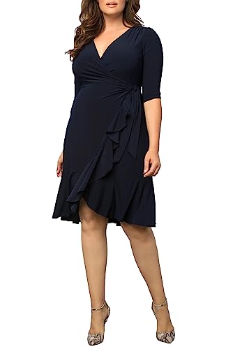 Image of Kiyonna Plus Size Whimsy Ruffled Midi Wrap Dress with Sleeves - Cocktail, Party, Wedding Guest or Work