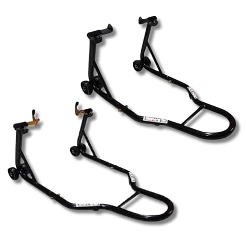 Cruizer - béquilles lève-moto avant avec embouts en forme de cône et avec fixations à fourches à l’arrière, réglables avec roues inférieures et...