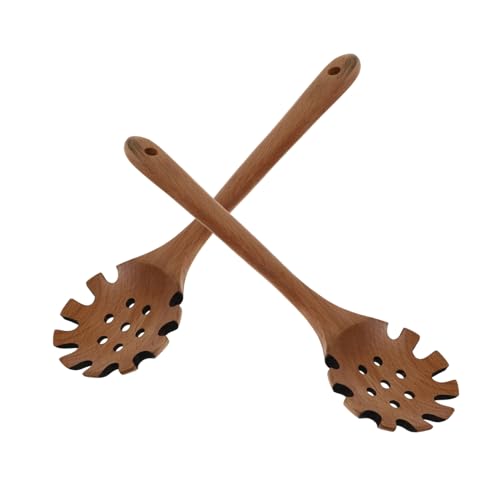 CONGARTENO 2個木製パスタスプーン 歯付きスロット入りスパゲッティフォーク 長柄で熱から手を保護 麺すくいと水切り兼用 調理器具に優しい天