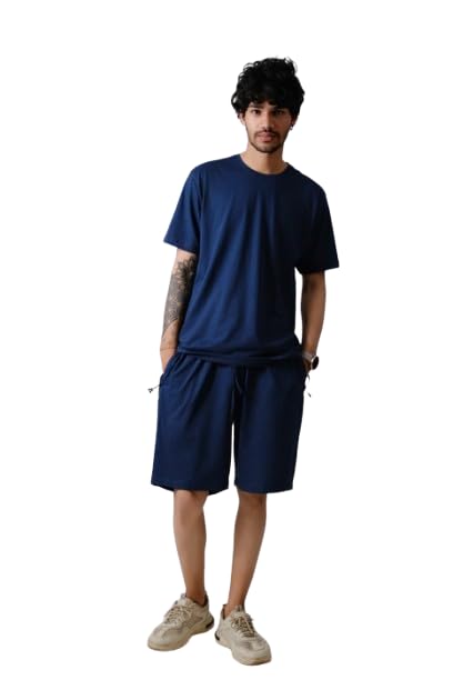 Co-ord Ebony Blue Solid Set Majestic Classic Set Nightwear T-Shirt & Shorts Casual Wear | Night Outfits,-image-24