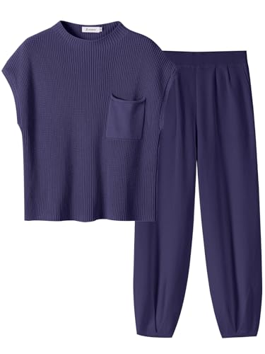 Image of ANRABESS Women's Two Piece Outfits Sweater Sets Knit Pullover Tops and High Waisted Pants Tracksuit Lounge Sets
