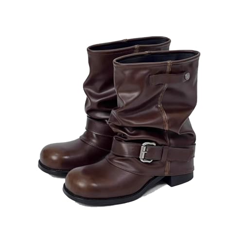 Women's Vintage Mid Calf Boots Buckle-up Chunky Heel Western Motorcycle Boots with Pleated for Casual Comfortable Wear
