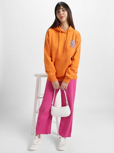 Image of JUNEBERRY Cotton Poly Fleece Oversized Fit Black, Green, Magenta, Mustard, Orange, Purple, Blue, Off White & Grey Graphic Printed Full Sleeve Hoodie for Women