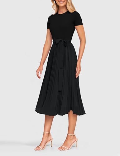 ZESICA Womens 2025 Summer Short Sleeve Midi Dresses Casual Crew Neck Knit Belted Pleated A Line Flowy Wedding Guest Dress3
