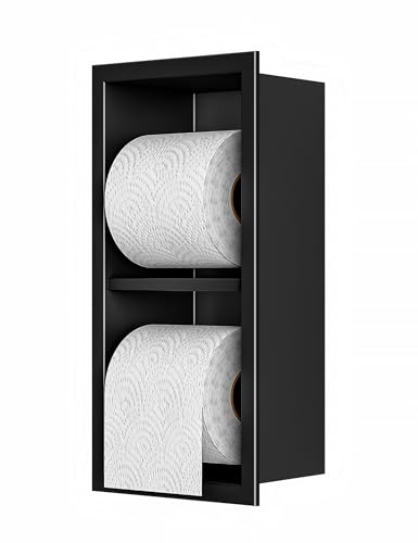 Ikitraee Toilet Paper Dispenser with Recessed Wall Niche for Storage,Stainless Steel Toilet Paper Holder with Shelf,Brushed,15.9inX7.9inX4.9in (Matte Black, 12.2 * 4.8 * 3.9 in)