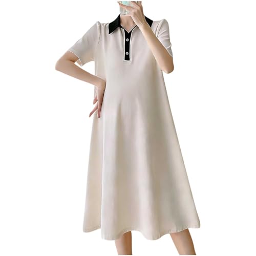 Vestido Mujer Verano Embarazada Cuello Solapa con Botones Vestidos Largo Manga Corta para Embarazo Sueltos Casual Color Sólido Midi Vestido Polos Suave Cómodo Vestido Premama Ropa Maternidad
