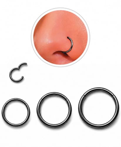 AMASIS 3Pcs 18G Hinged Segment Nose Hoop Rings Black Stainless Steel Clicker Piercing Rings 6mm 8mm 10mm Inner Diameter Size Set for Nostril Septum Cartilage Helix Tragus Lip Jewelry