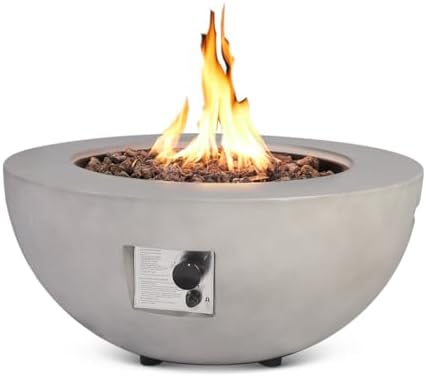 ReeQuo 31.5 Inch Round Propane Fire Pit Table - Concrete Round Fire Bowl 50,000 BTU Gas FirePit Burner with Steel Lid, Lava Rocks, Rain Cover for Outside Patio, Backyard, Party