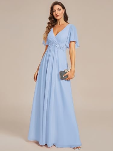 Image of Ever-Pretty Women's Spring Short Sleeve Bridesmaid Dresses V-Neck Chiffon Ruched Empire Waist Appliques Long Formal Dress