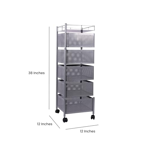 Image of KITCHIVO Kitchen Storage Rack | Revolving Vegetable Rack | Square Multipurpose Storage Trolley with Wheels | Metal Fruit Rack (Silver, 5 Layer)