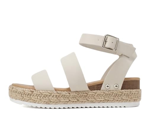 Image of Soda BRYCE-2 Kids /Children /Girls Open Toe Two Bands Espadrille Jute Platform Wedge Casual Fashion Flatform Sandals with Buckle Ankle Strap