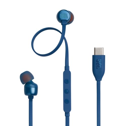 JBL Tune 310 C Hi-Res Wired Earbuds with Microphone, Flat Tangle-Free Cable, 3-Button Remote, EQ Presets Control and Volume Adjustment, Blue