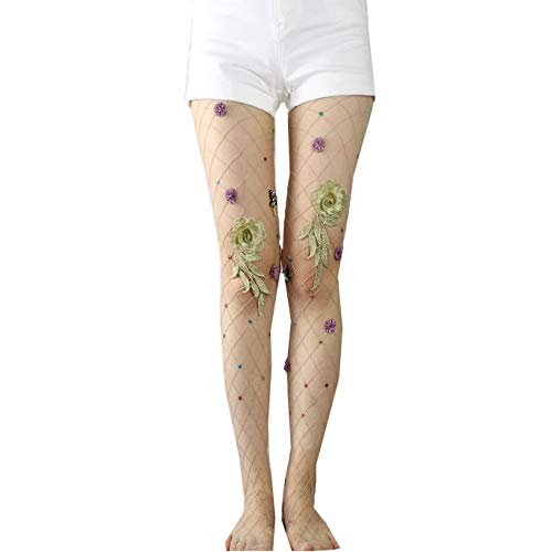 Image of Ulalaza Sparkle Hollow Out Letter Nude Colorful Rhinestone Hot Drilling Fishnet Pantyhose Tights for women Luminous